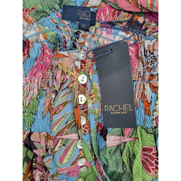Rachel Roy Multicolor Floral Maxi Skirt Smocked Waist Hi Low Tropical Sz XS - Picture 8 of 10